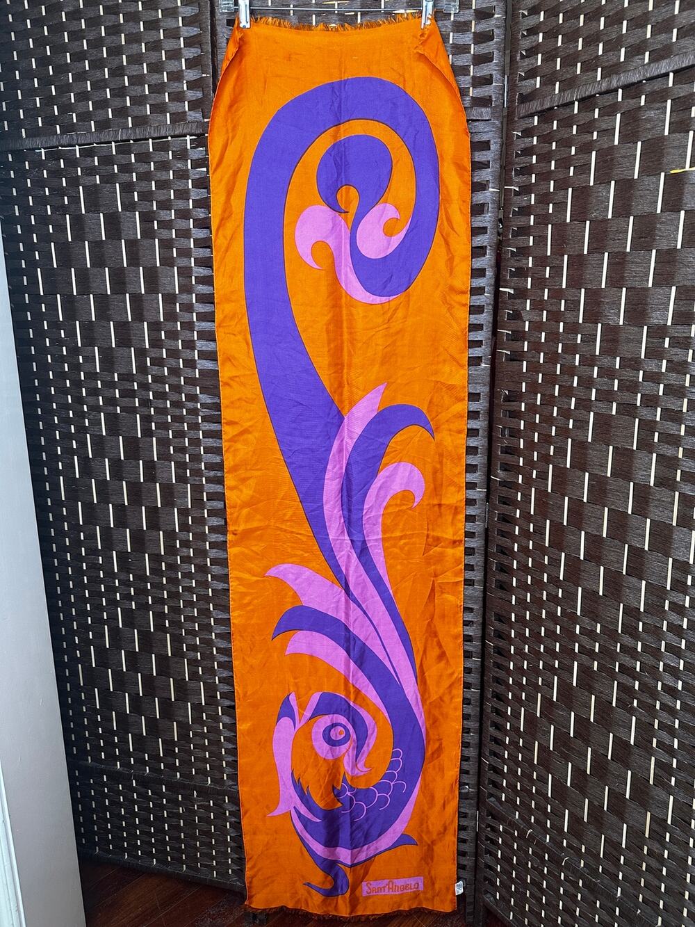 Vintage 70s Sant' Angelo Silk Scarf Orange Purple Psychedelic Bird Mod Sally Gee